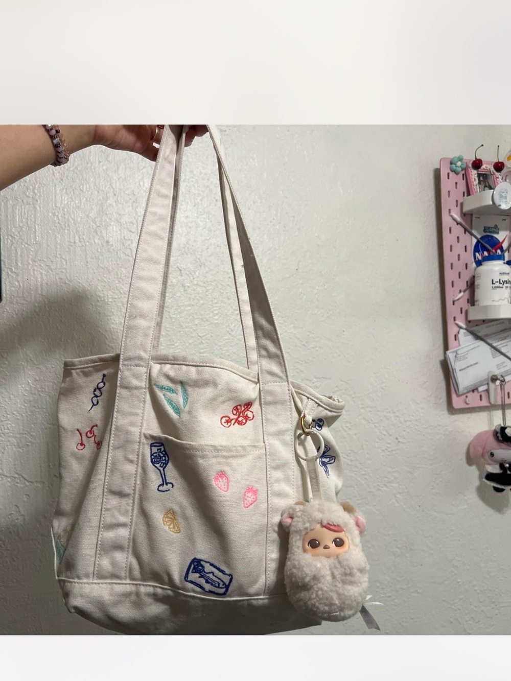 Cream Embroidered Canvas Tote Bag with Plush Charm